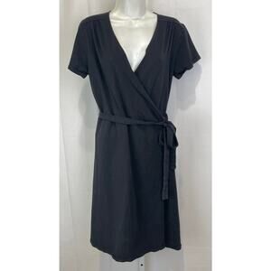 PACT Organic Cotton Wrap Dress Short Sleeve Stretch Knit Black Size L